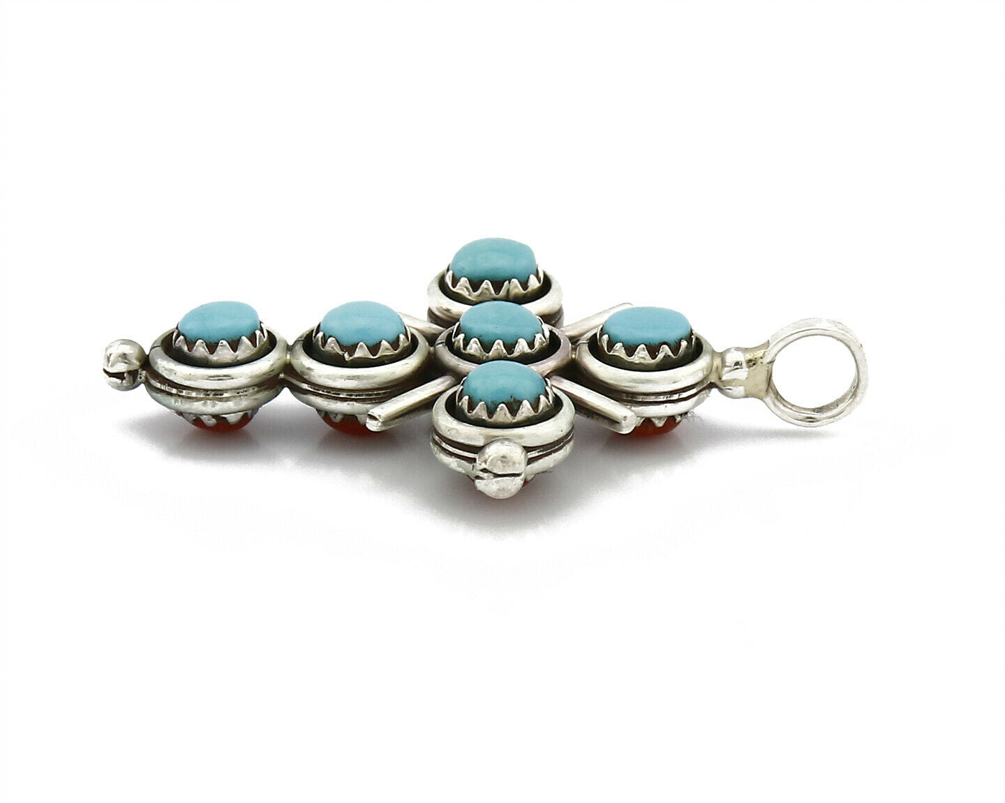 Zuni Natural Turquoise and Coral Reversible 925 Silver Handmade Pendant