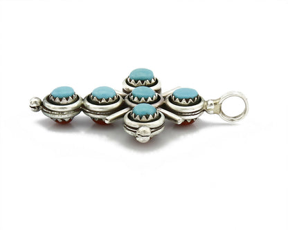Zuni Natural Turquoise and Coral Reversible 925 Silver Handmade Pendant