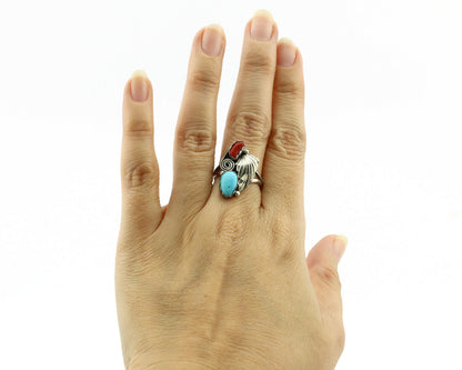 Navajo Ring .925 Silver Turquoise & Coral Native American Artist C.1980's