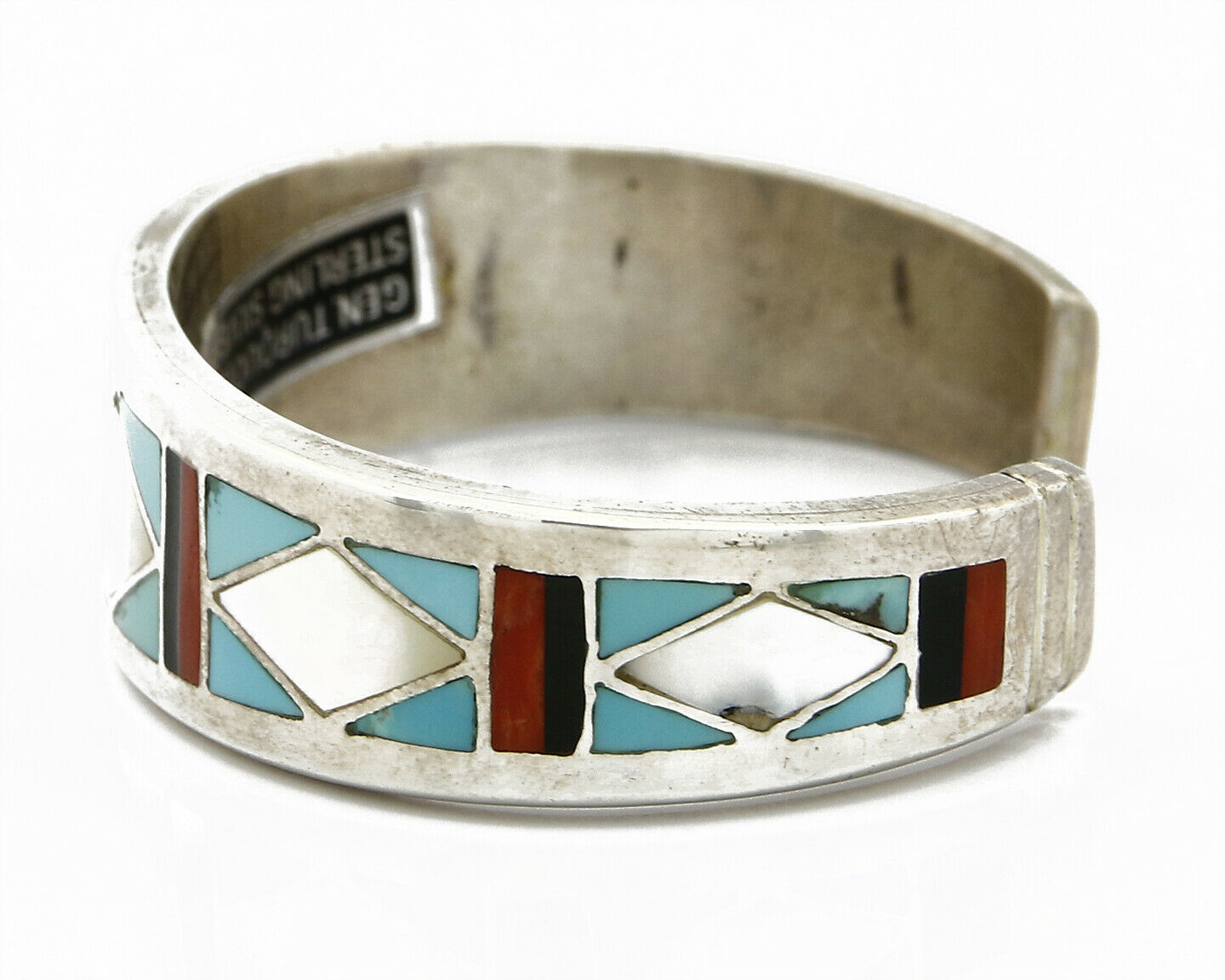 C. 1980's Zuni Inlaid Gemstone .925 Silver Handmade Cuff Bracelet