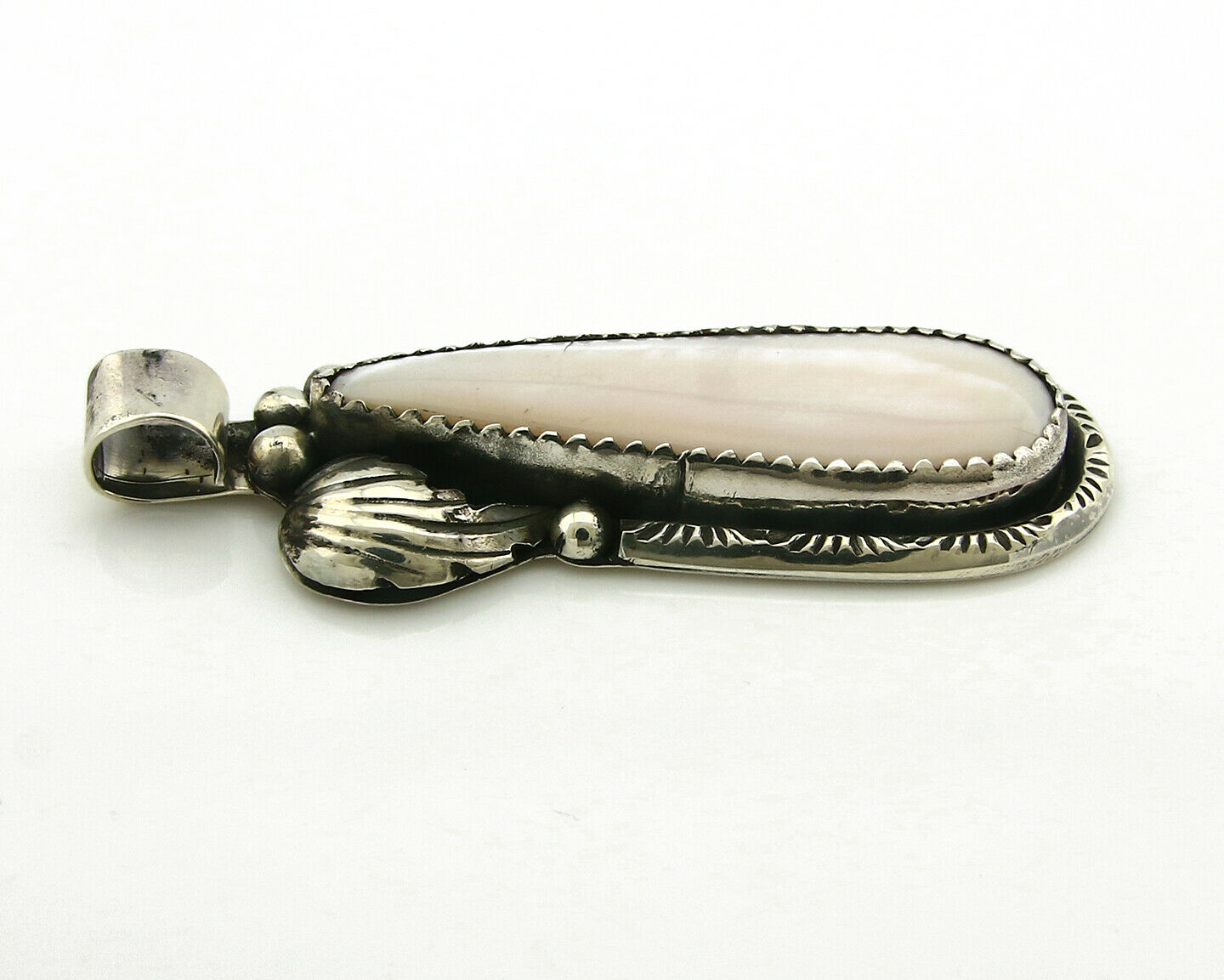 Navajo Pendant .925 Silver Real Natural Pink Mussel Signed Yazzie C.80's