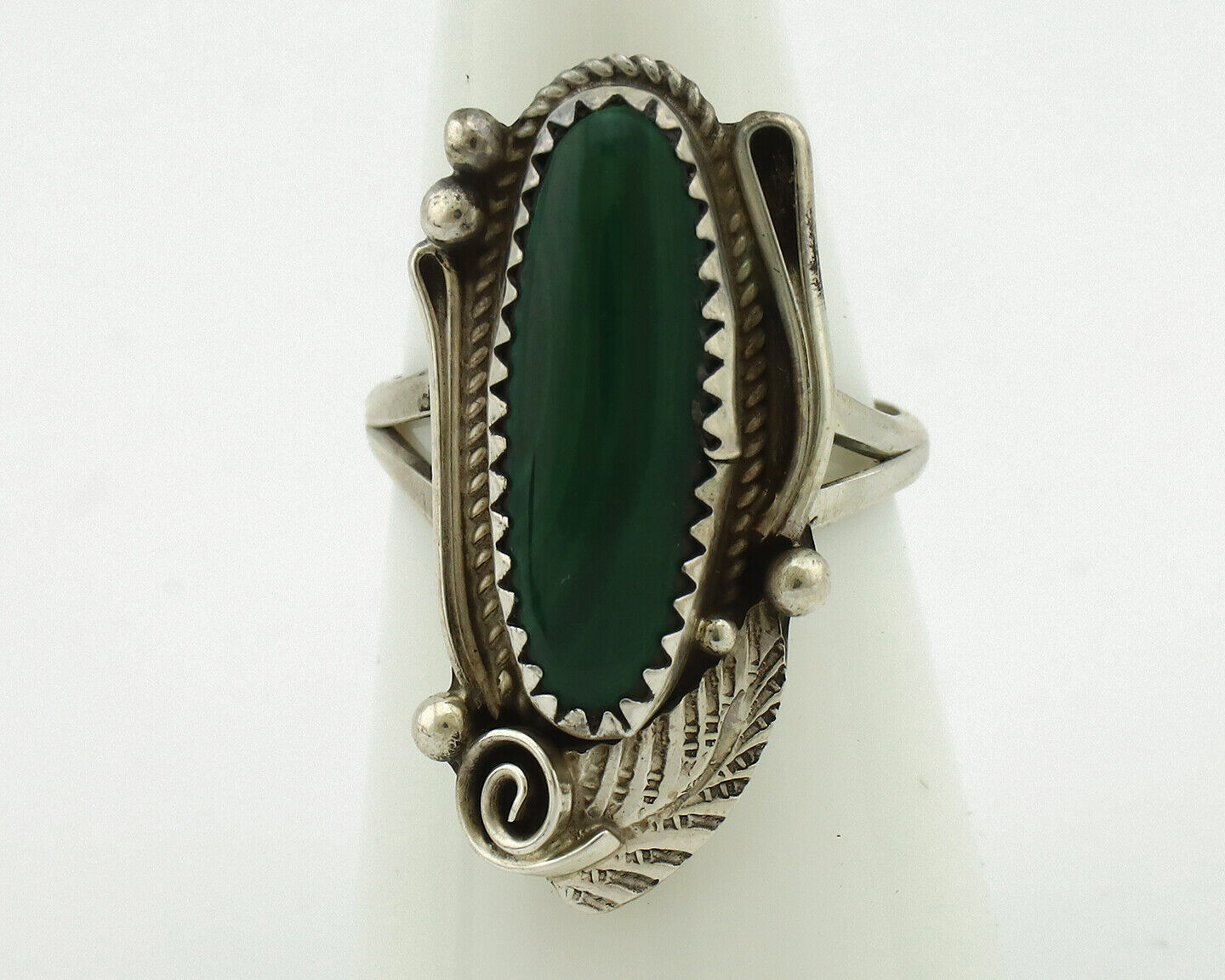 Navajo Ring 925 Silver Natural Green Malachite Signed Justin Morris C.80's
