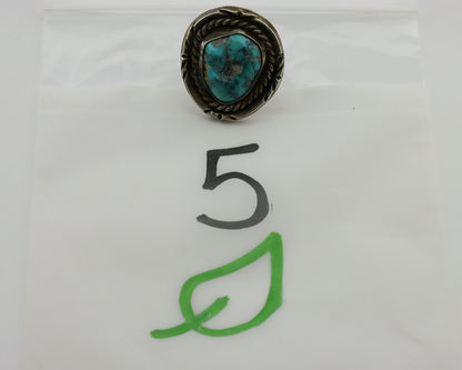 Navajo Ring .925 Silver Globe Turquoise Hand Stamped Native American Artist C80s