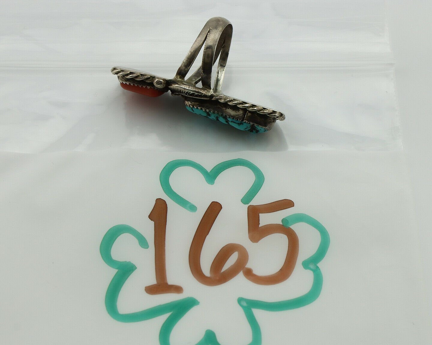 Navajo Ring .925 Silver Turquoise & Coral Native American Artist C.1980's