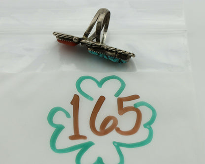 Navajo Ring .925 Silver Turquoise & Coral Native American Artist C.1980's