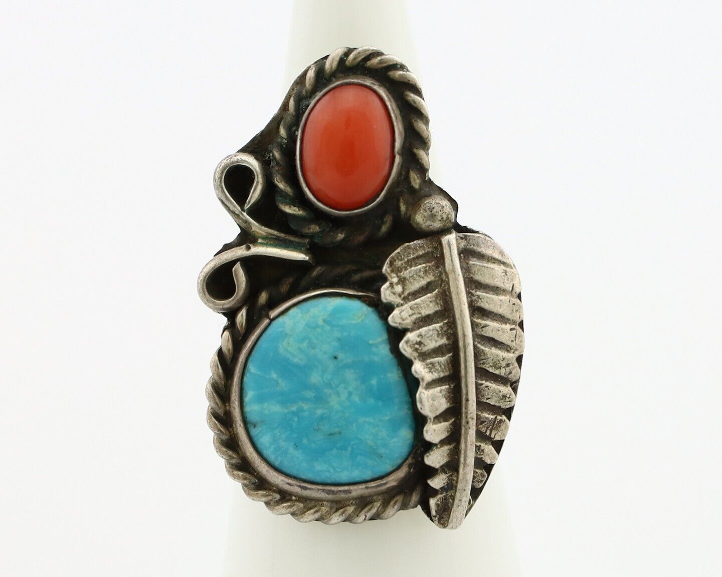 Navajo Handmade Ring 925 Silver Turquiose & Coral Native American Artist C.80's