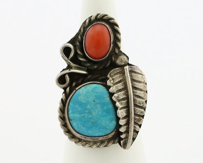 Navajo Handmade Ring 925 Silver Turquiose & Coral Native American Artist C.80's