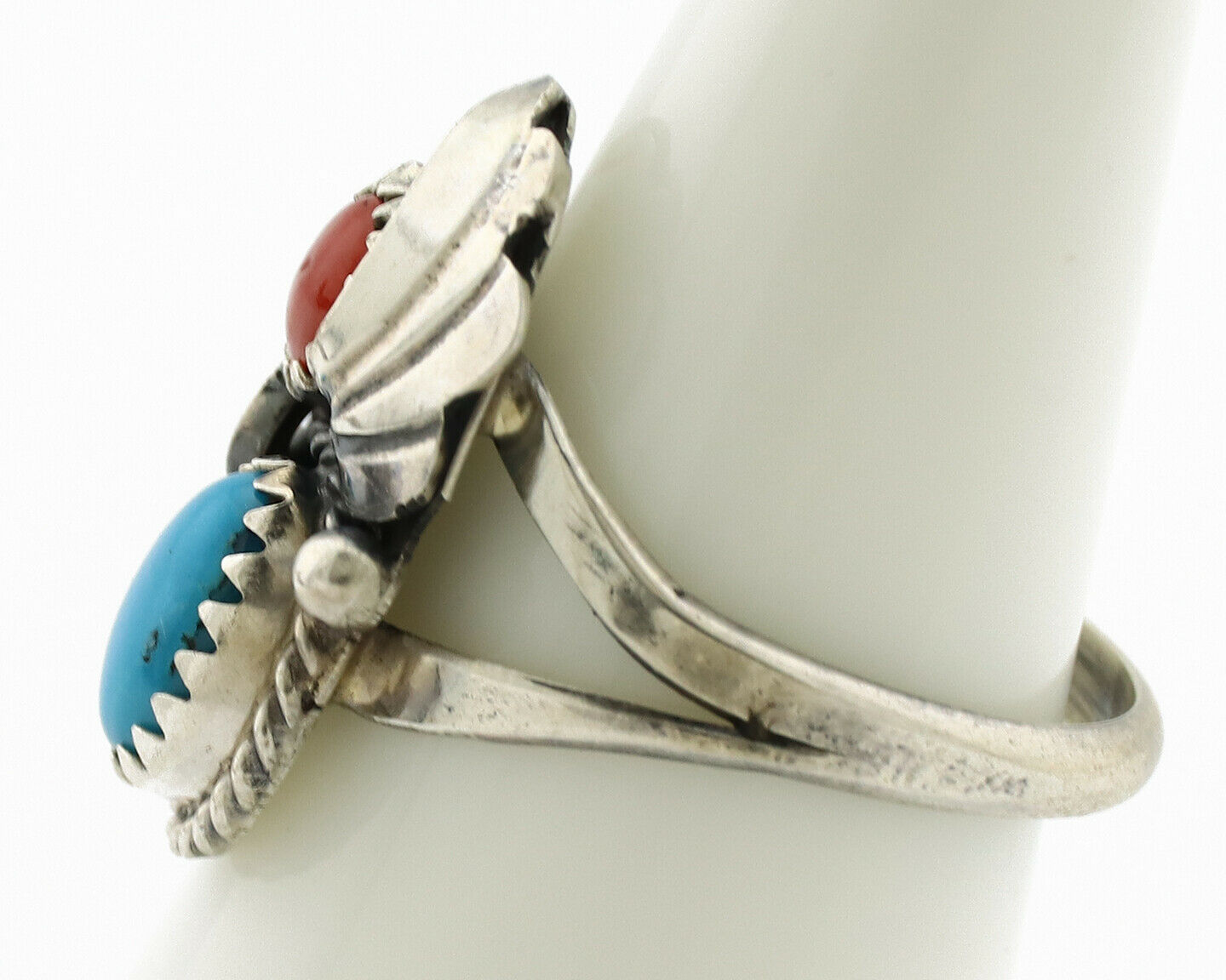 Navajo Ring .925 Silver Turquoise & Coral Artist Signed J Morris C.80's