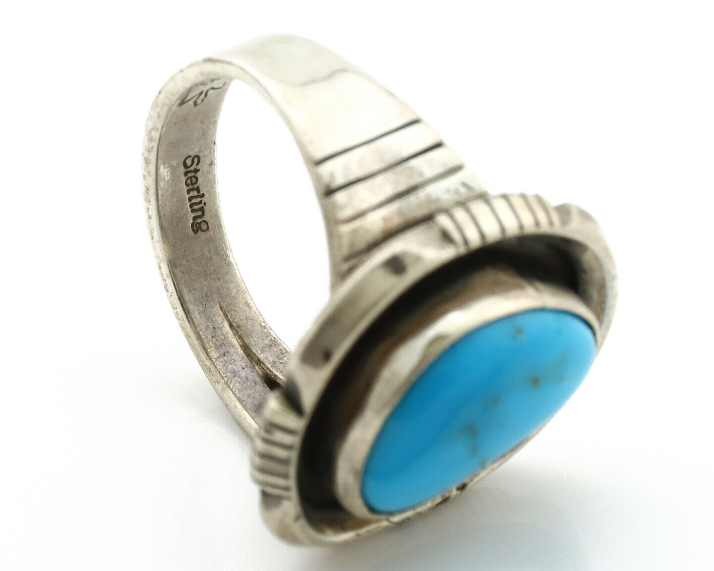 Navajo Ring .925 Silver Blue Gem Turquoise Native American Artist C.80's