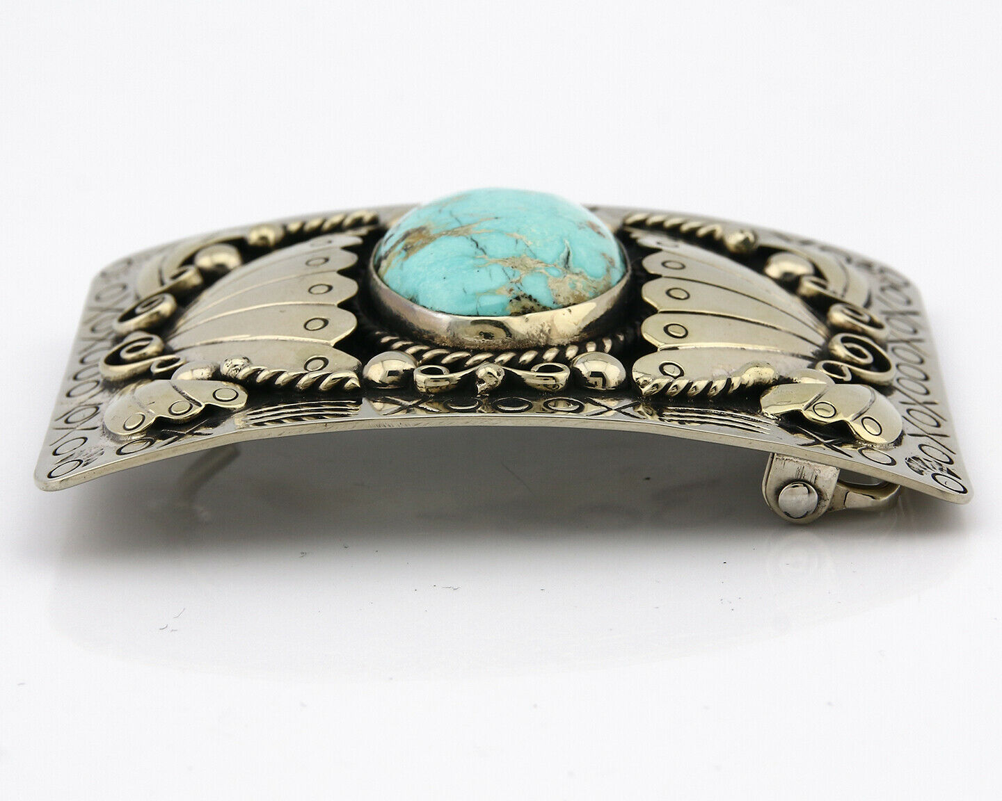 Navajo Belt Buckle .999 Nickle Silver Morenci Turquoise Native Artist C.80's