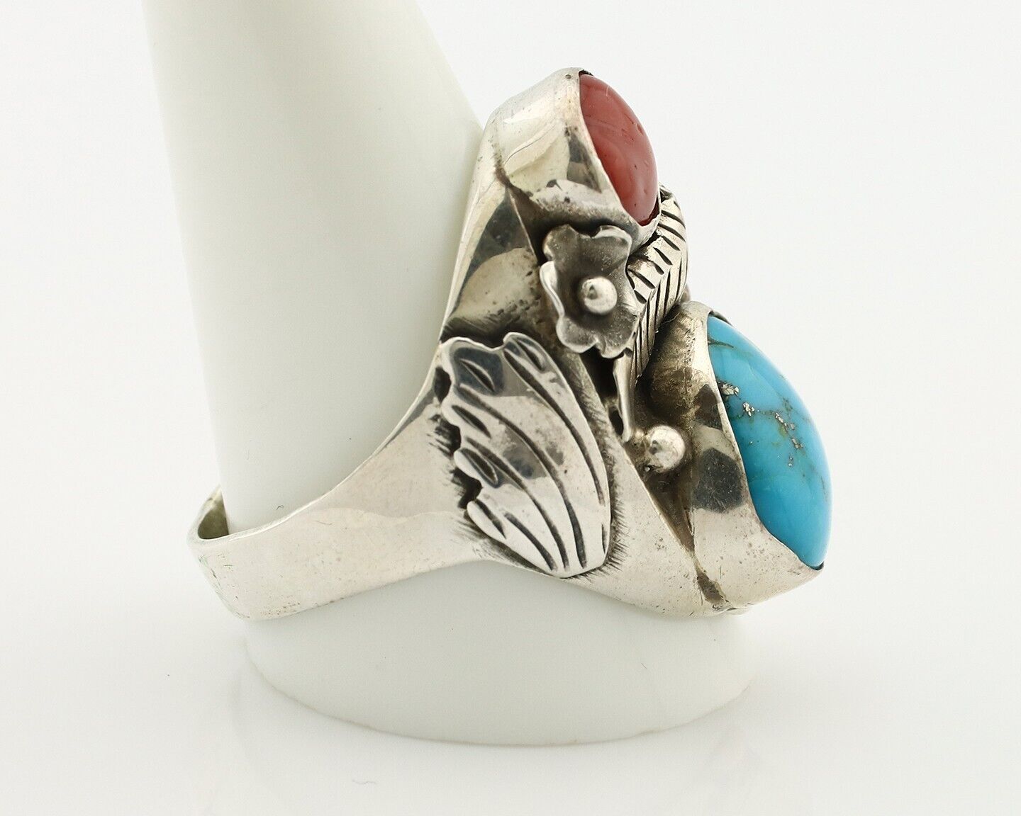 Navajo Ring 925 Silver Blue Turquiose & Mediterranean Coral Native Artist C.80's