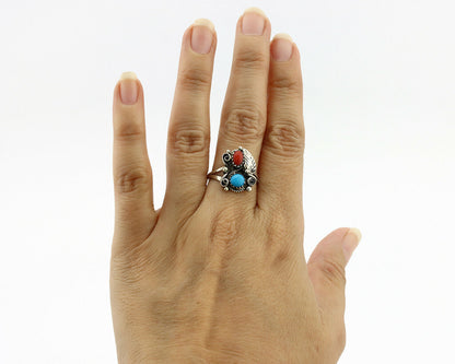 Navajo Ring .925 Silver Morenci Turquoise & Coral Native Artist Signed JM C.80's