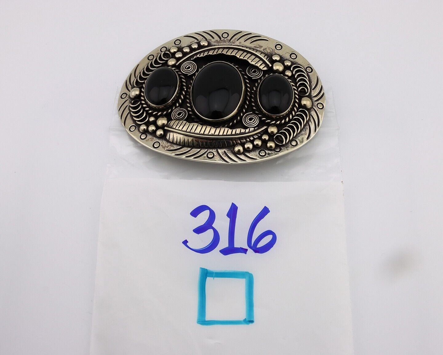 Men Navajo Belt Buckle .999 Nickel Onyx Artist Signed Teepee Handmade C.1980's