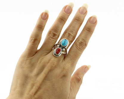 Navajo Ring .925 Silver Red Coral & Blue Turquoise Native Artist C.80's
