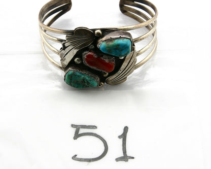 Navajo Bracelet .925 Silver Coral & Turquoise Artist Native American C.1975