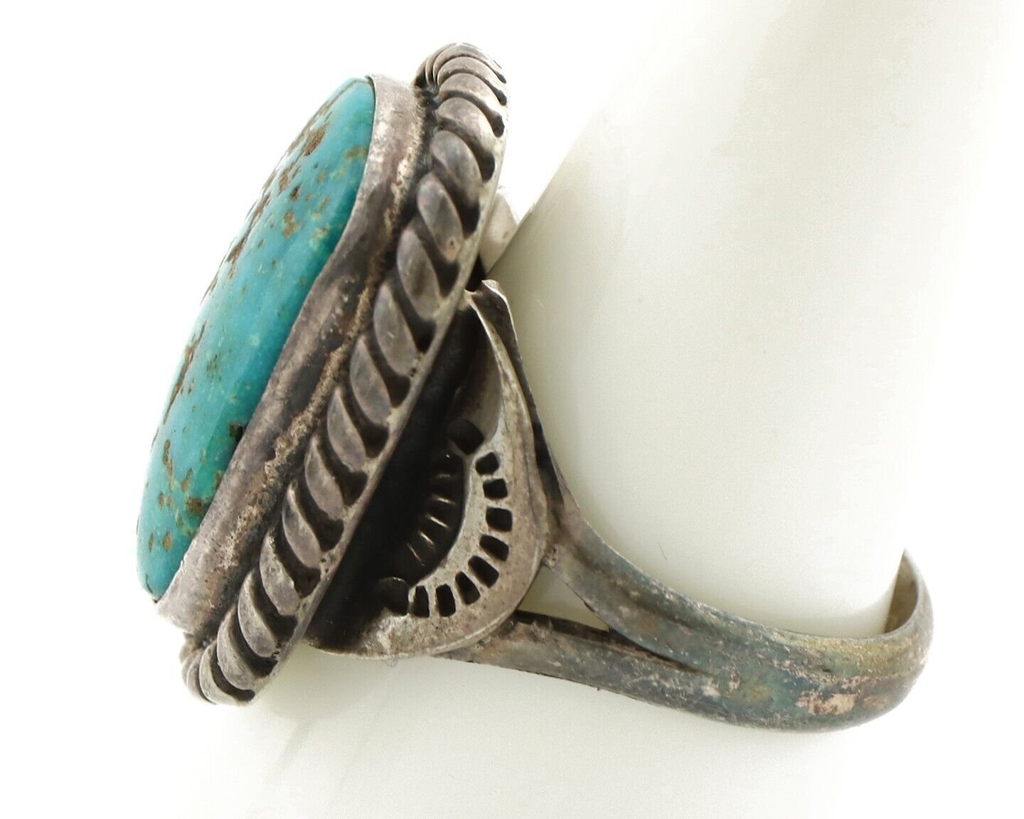 Navajo Handmade Ring 925 Silver Fox Turquoise Signed Native Artist C.80's