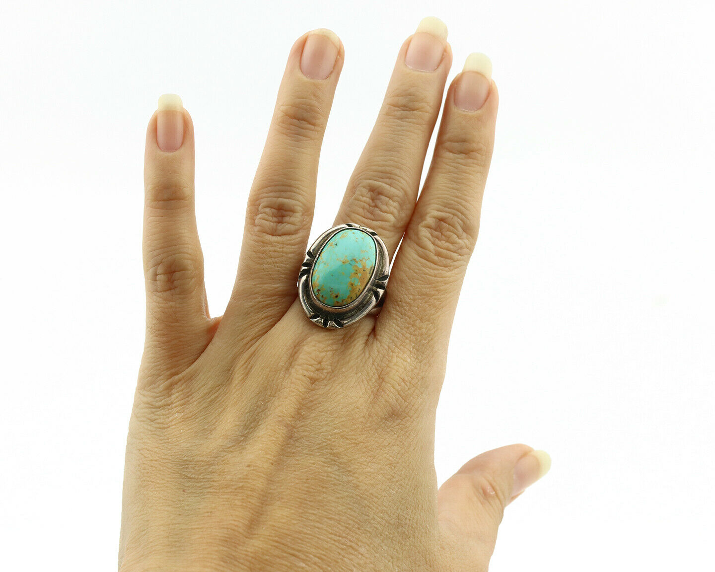 Navajo Ring .925 Silver Kingman Turquoise Artist Signed Gecko C.1980's