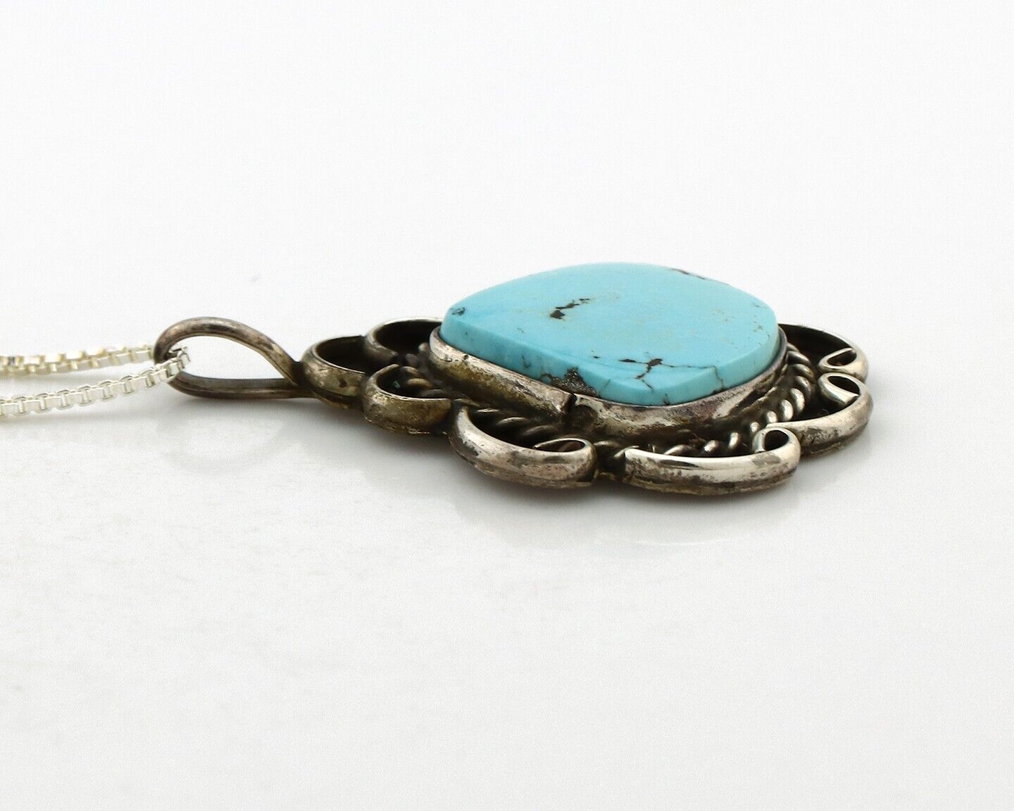 Navajo Handmade Necklace 925 Silver Natural Blue Turquoise Native Artist C.70's