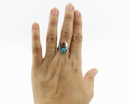 Navajo Ring .925 Silver Morenci Turquoise & Coral Native Artist Signed JM C.80's