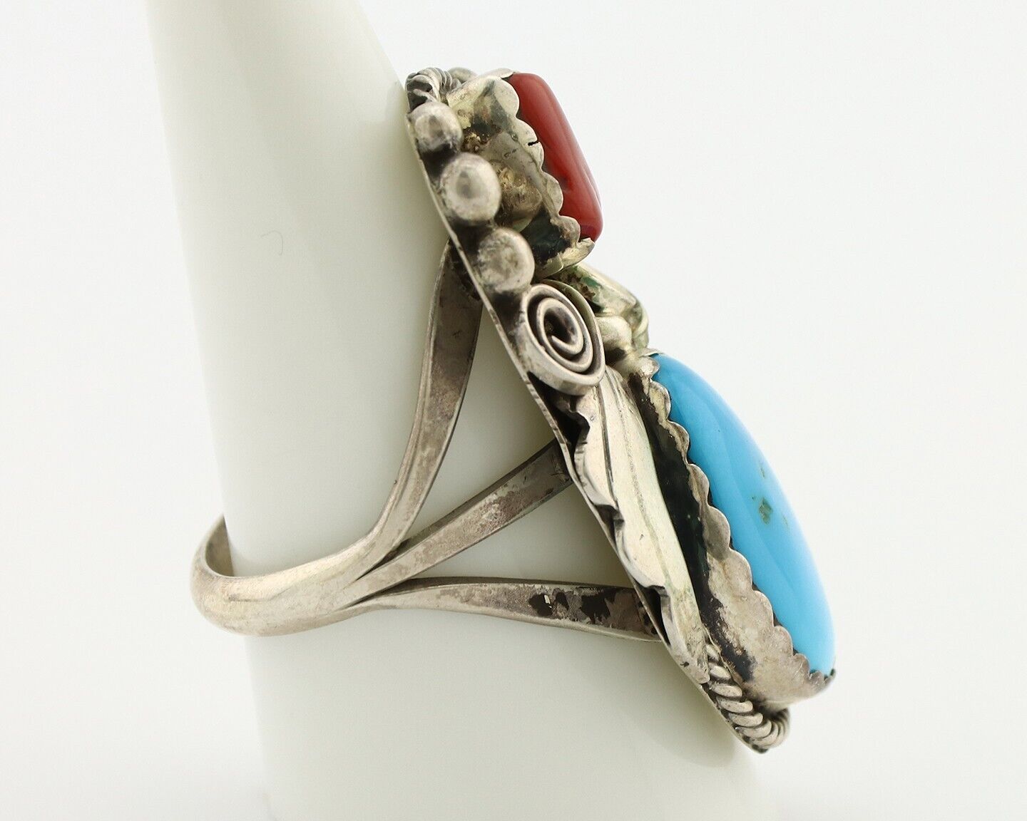 Navajo Ring 925 Silver Blue Turquiose & Coral Artist Signed Justin Morris C.80's