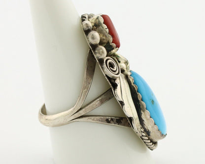 Navajo Ring 925 Silver Blue Turquiose & Coral Artist Signed Justin Morris C.80's