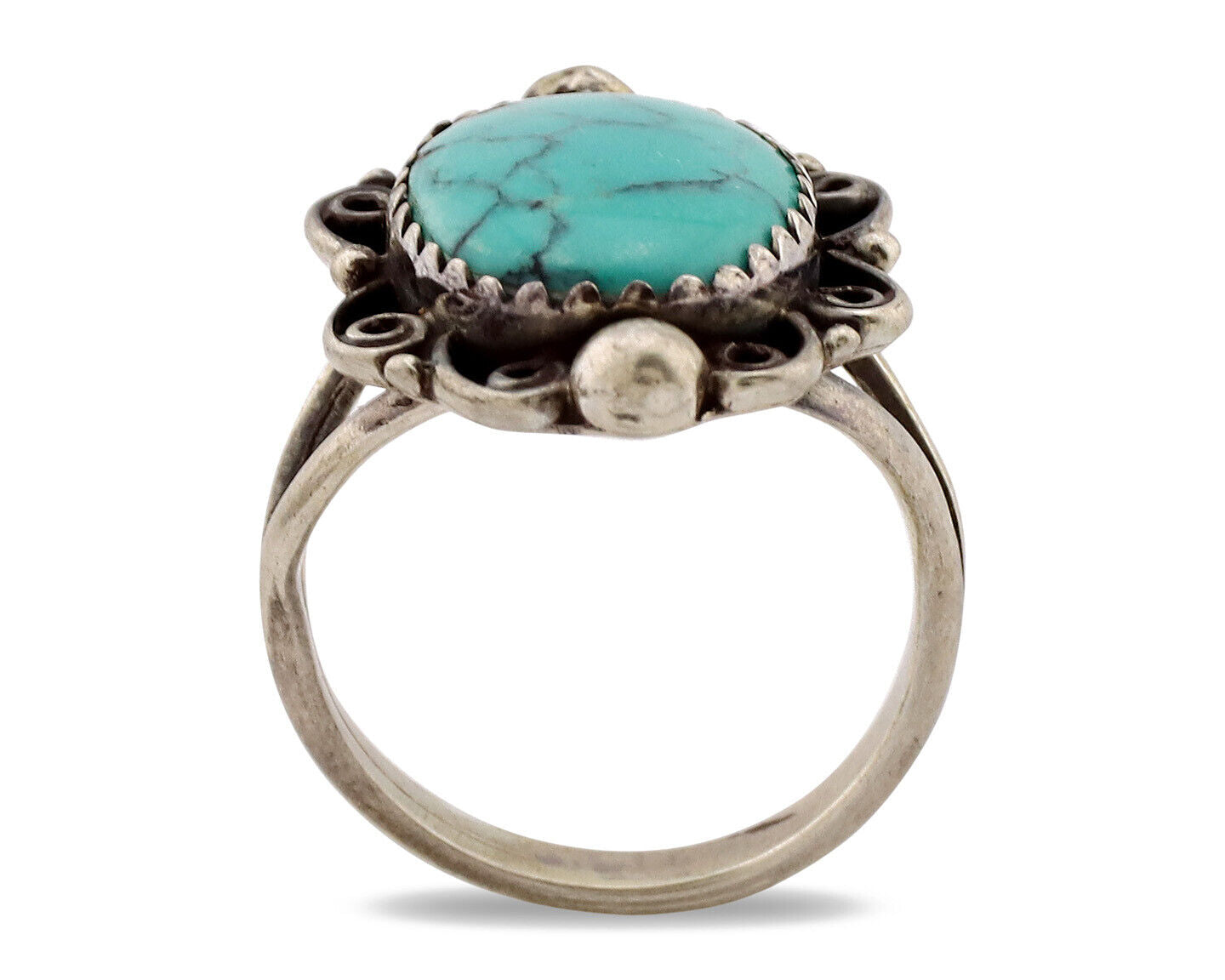 Navajo Ring .925 Silver Spiderweb Turquoise Artist Signed TALHAT C.80's