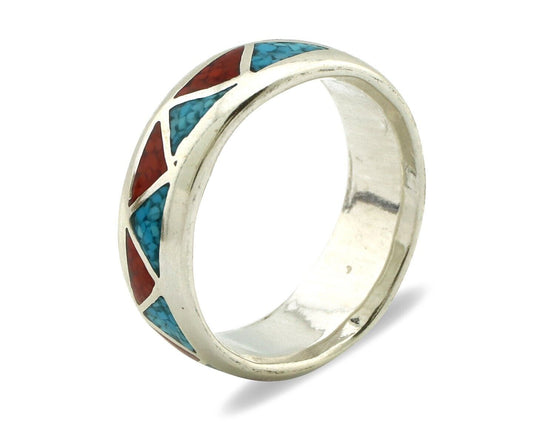 Navajo Chip Inlay Ring 925 Silver Sleeping Beauty Turquoise & Coral Silver Cloud