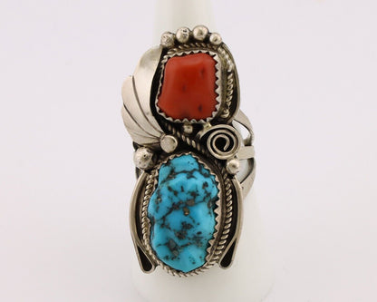 Navajo Ring 925 Silver Blue Turquiose & Coral Artist Signed Justin Morris C.80's