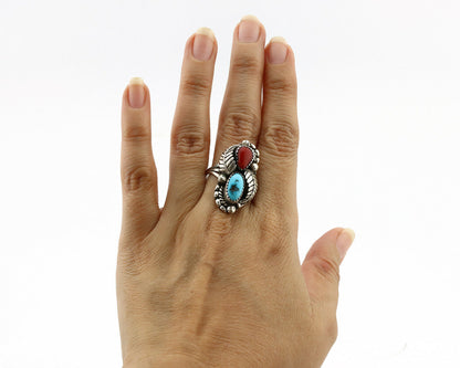 Navajo Ring .925 Silver Turquoise & Coral Artist Signed Stanley Bain C.80's