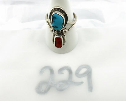 Navajo Ring .925 Silver Red Coral & Blue Turquoise Native Artist C.80's