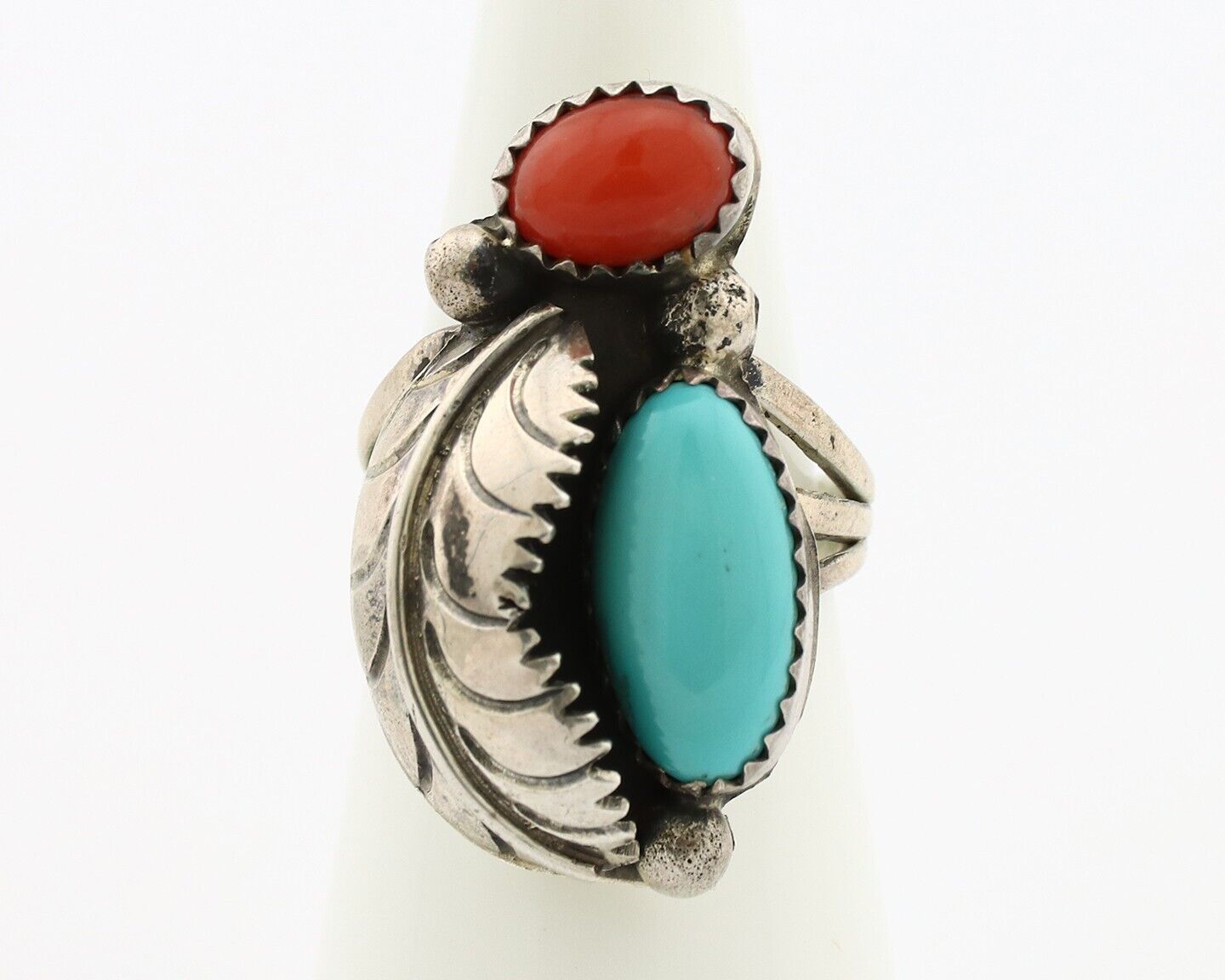 Navajo Handmade Ring 925 Silver Turquiose & Coral Native American Artist C.80's