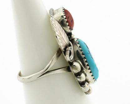 Navajo Ring .925 Silver Turquoise & Coral Artist Signed J Morris C.80's