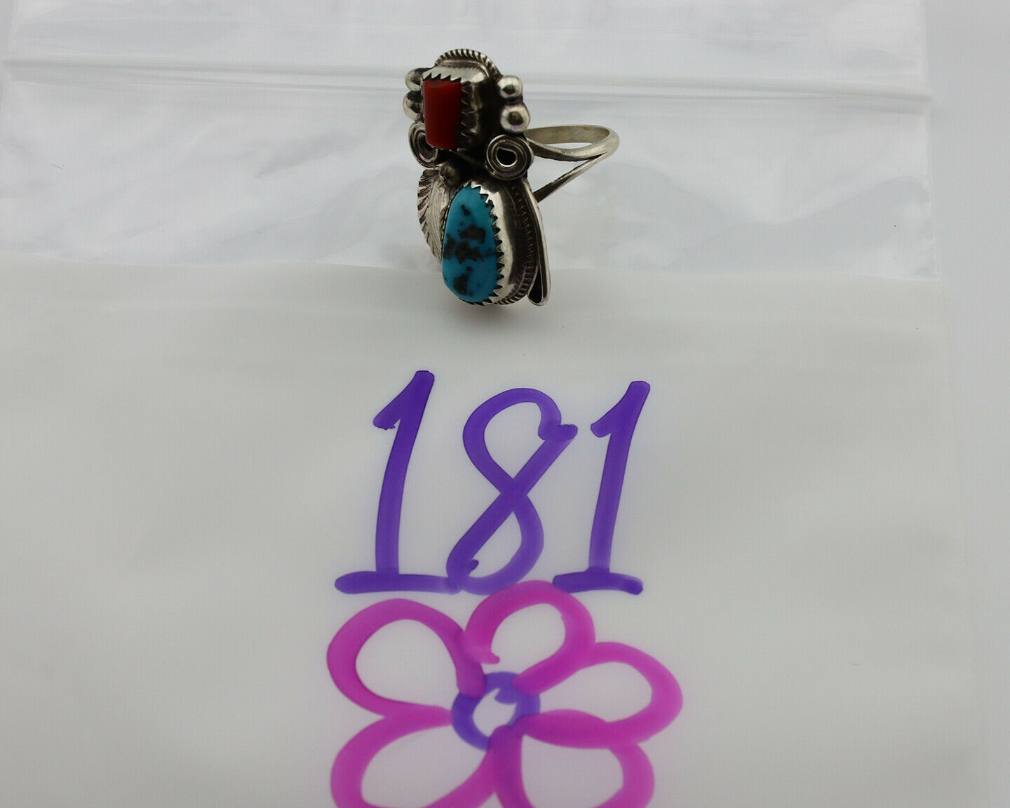 Navajo Ring .925 Silver Turquoise & Coral Artist Signed J Morris C.80's