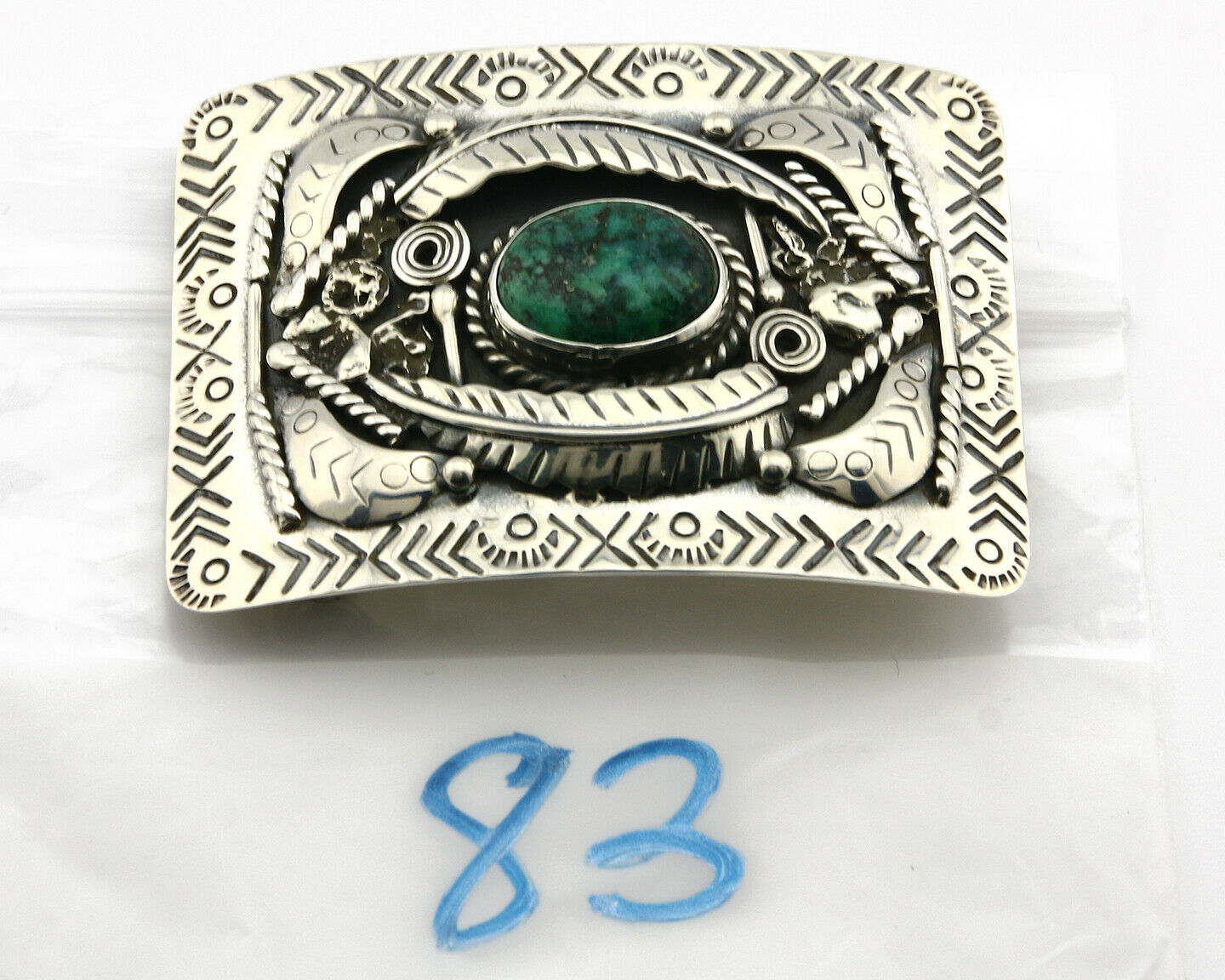 Navajo Belt Buckle .925 Silver Turquoise Mountain Artist Signed Tipi C.80's
