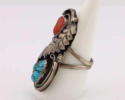 Navajo Ring 925 Silver Blue Turquiose & Coral Artist Signed Wes Craig C.80's