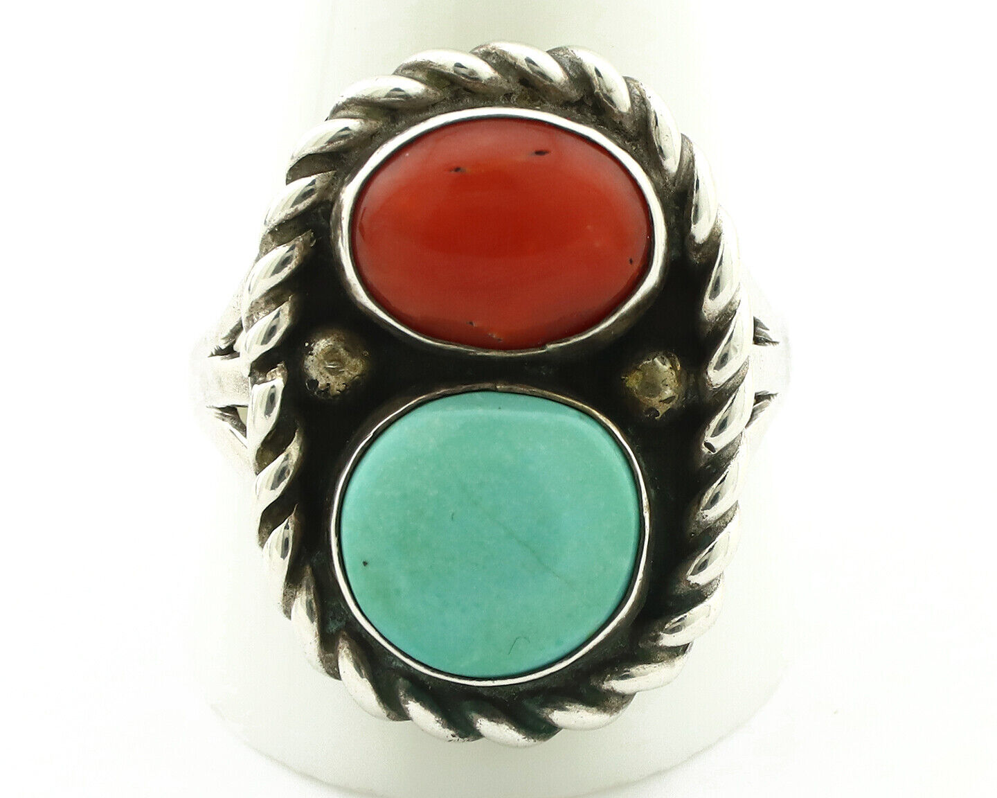 Navajo Ring 925 Silver Coral & Globe Turquoise Native American Artist C.1970's