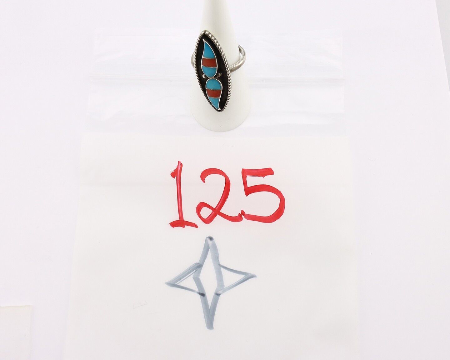 Zuni Handmade Ring .925 Silver Turquoise & Coral Artist Signed L&J C.80's