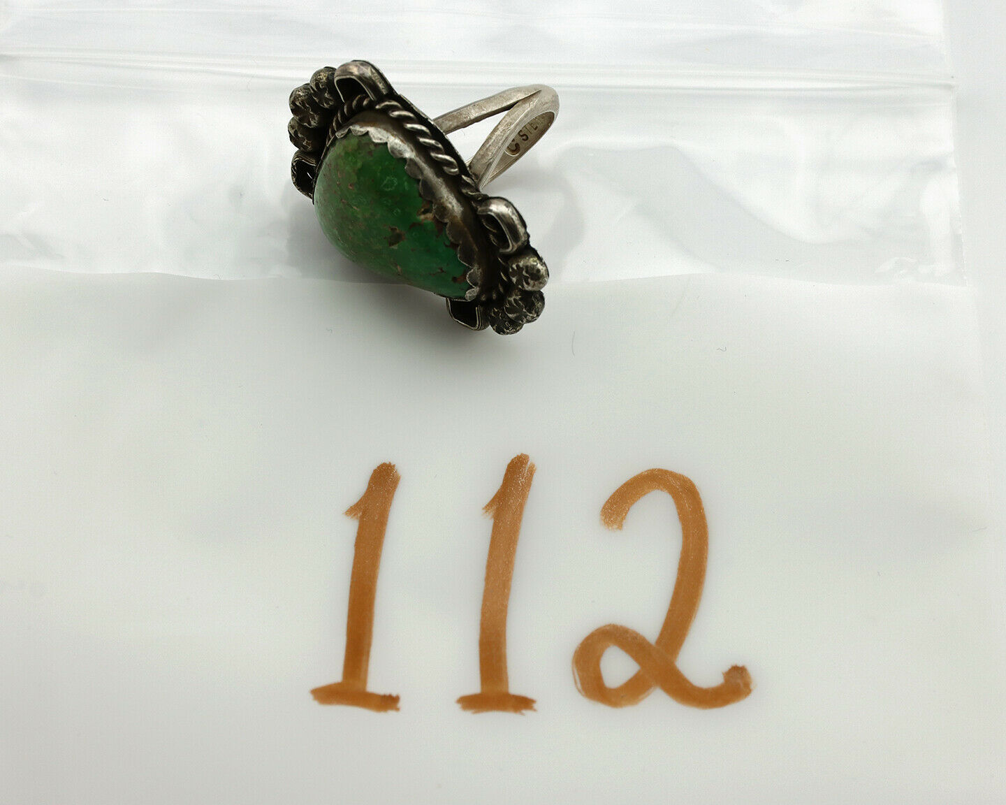 Navajo Ring .925 Silver Green Spiderweb Turquoise Native Artist C.1980's