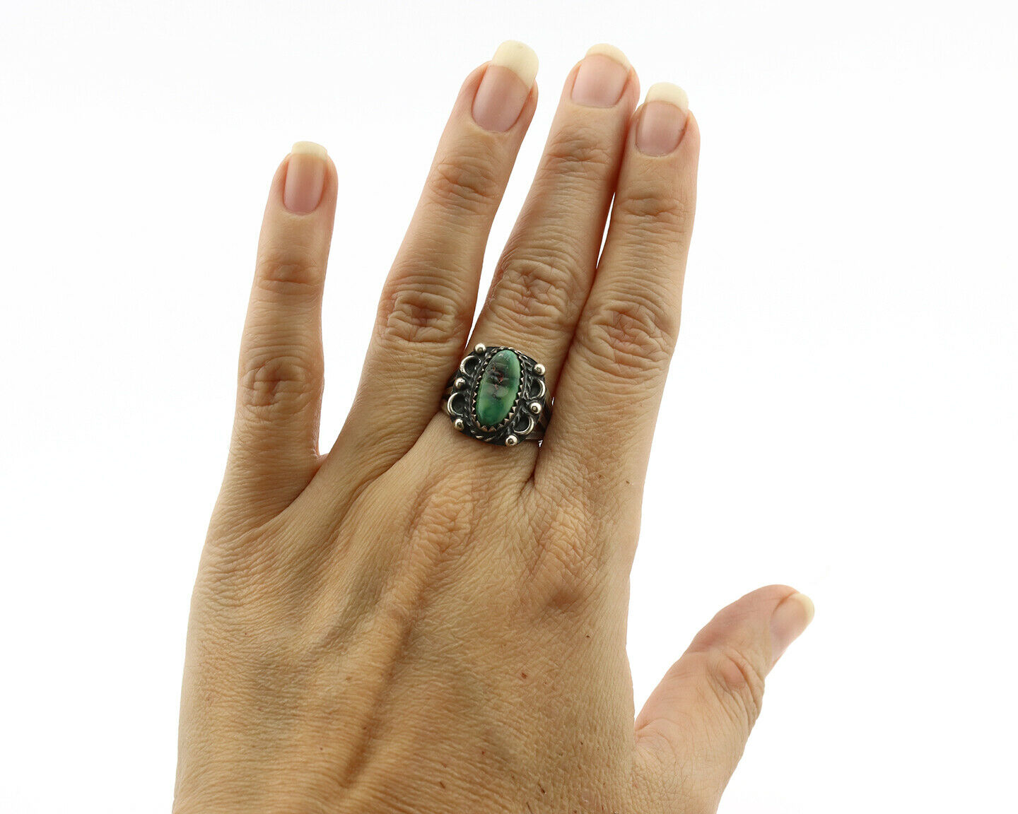 Navajo Ring .925 Silver Green Turquoise Artist Signed F C.80's