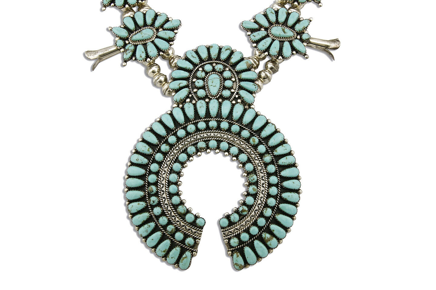 Huge Navajo Squash Necklace .925 Silver Blue Turquoise Artist F.M. Begay