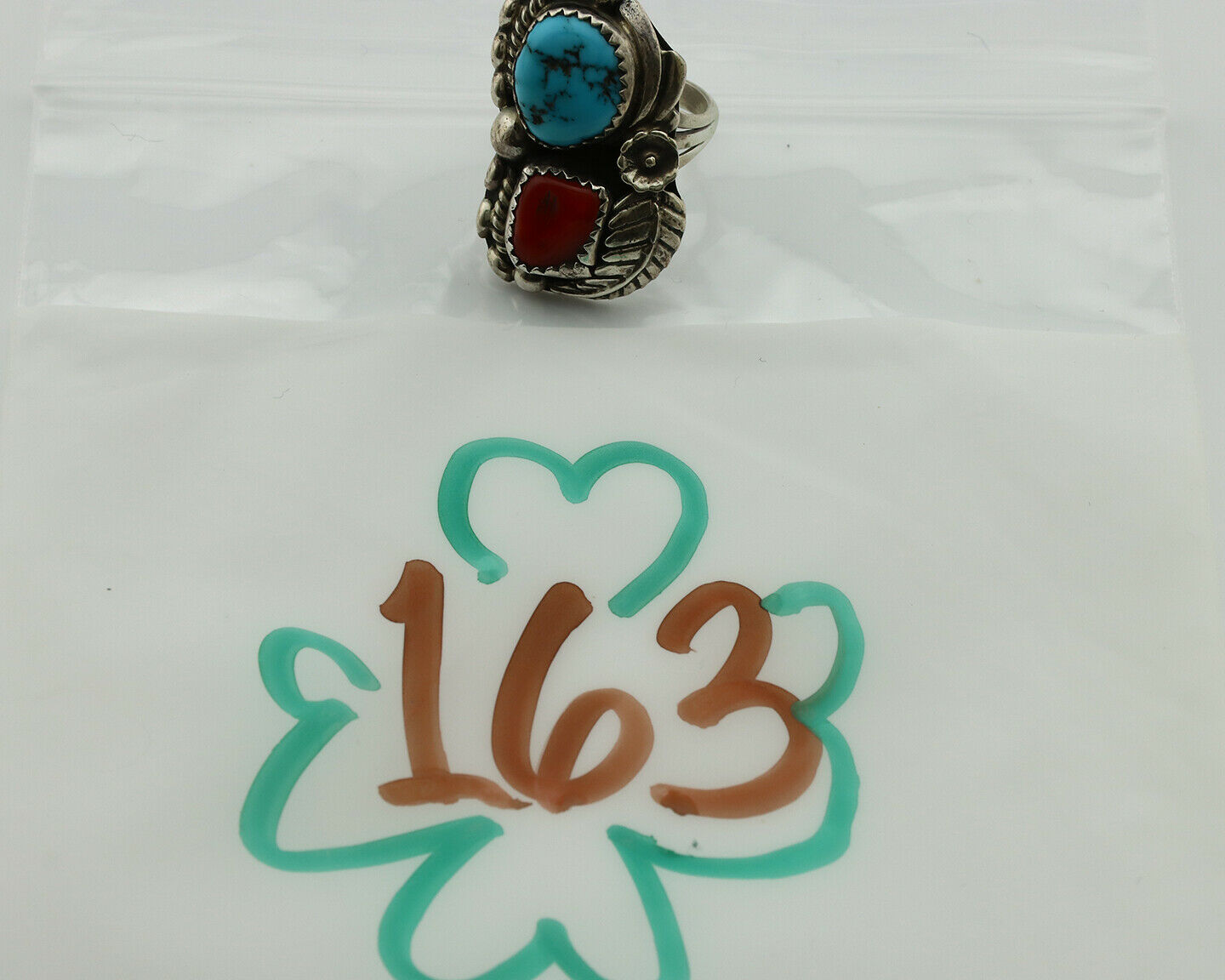 Navajo Ring .925 Silver Turquoise & Coral Artist Signed Thomas Singer C.80's