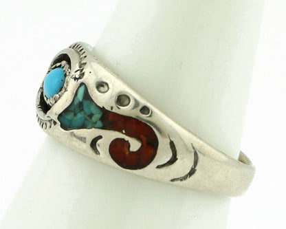 Navajo Handmade Ring 925 Silver Blue Turquoise & Coral Native American C.80's