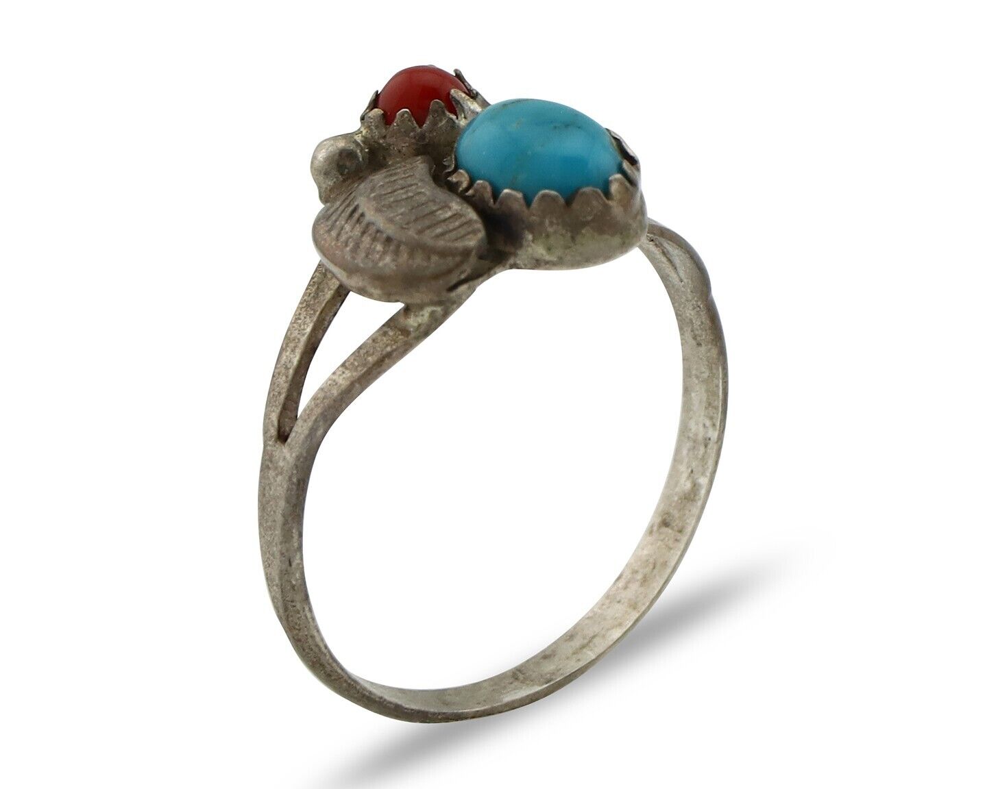 Navajo Handmade Ring 925 Silver Turquiose & Coral Native American Artist C.80's