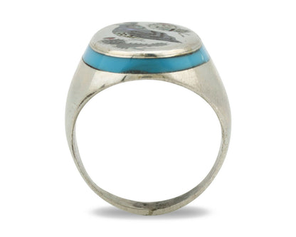 Zuni Inlaid Quail Bird Ring .925 Silver Artist Signed Watchman C.1980's