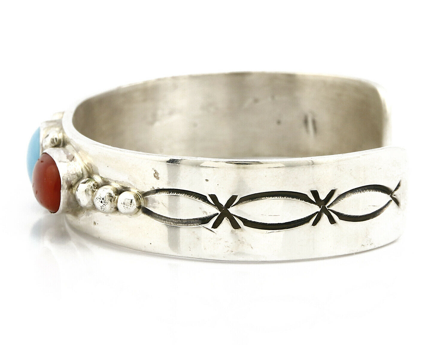 Navajo Bracelet .925 Silver Coral Turquoise Cuff Signed L. James C.80's