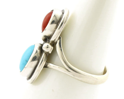 Navajo Handmade Ring 925 Silver Coral & Turquoise Native American Artist C.80's