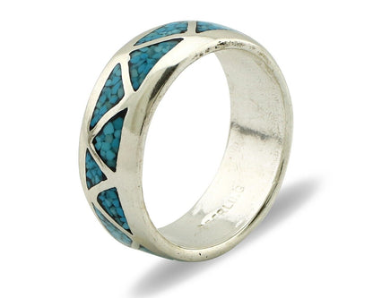 Navajo Chip Inlay Ring 925 Silver Sleeping Beauty Turquoise Artist Silver Cloud