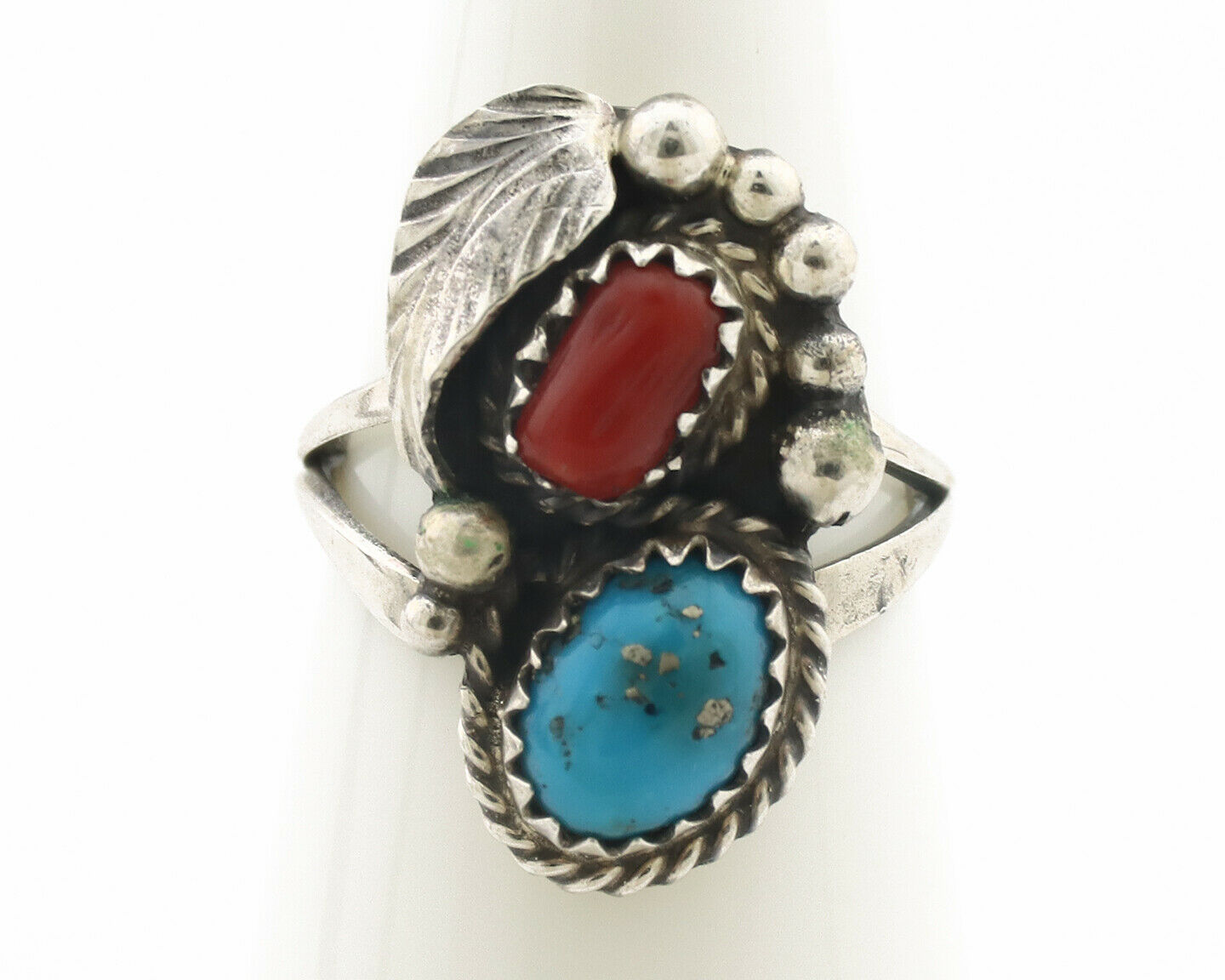 Navajo Ring .925 Silver Morenci Turquoise & Coral Native Artist Signed JM C.80's