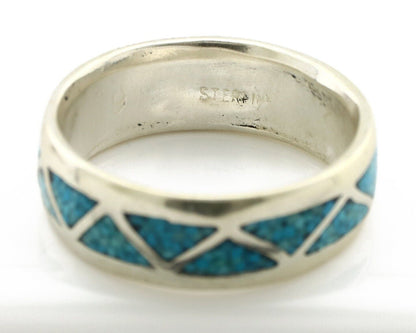 Navajo Chip Inlay Ring 925 Silver Sleeping Beauty Turquoise Artist Silver Cloud