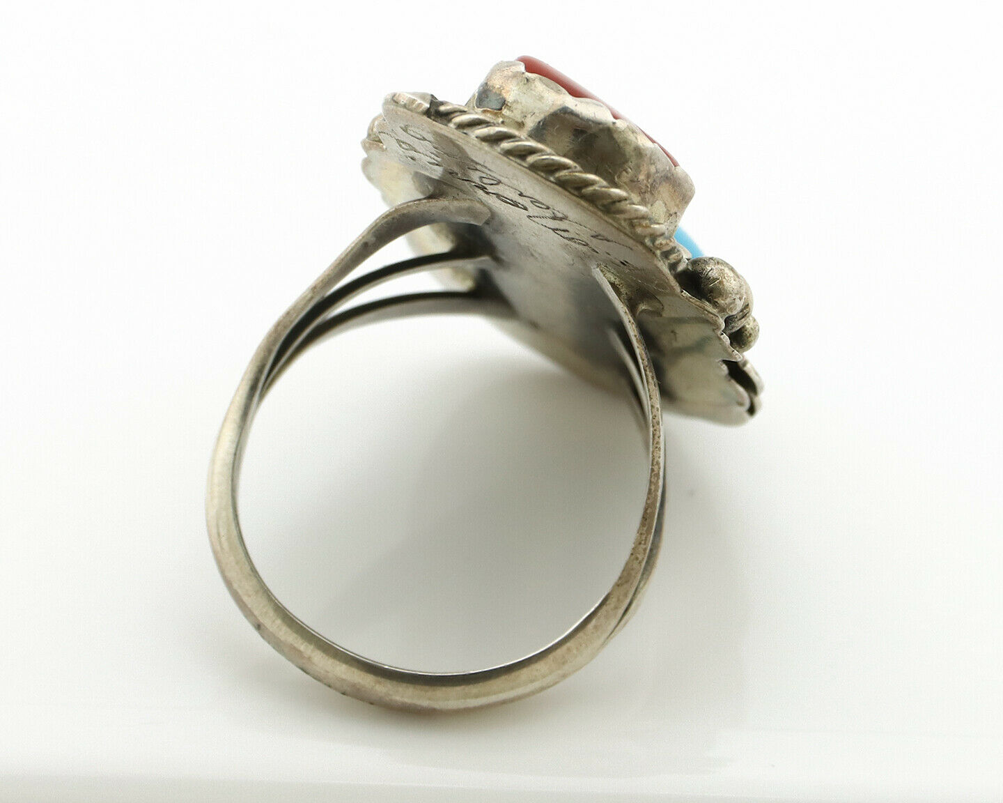 Navajo Ring .925 Silver Turquoise & Coral Artist Signed Justin Morris C.80's